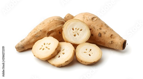Raw Lotus Root Rhizome and Cross Section Slices on White Background