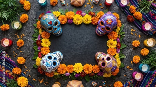 Day of Dead celebration with vibrant skulls and flowers ,Hispanic Heritage Celebration Month, Latino Ctivalultural Festival, Cinco de Mayo, Día de los Muertos, Carnaval, Inti Raymi