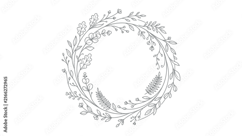 Obraz premium Floral Wreath Illustration: A delicate, hand-drawn floral wreath showcasing a beautiful arrangement of leaves, berries, and small flowers, perfect for elegant invitations or decorative elements.