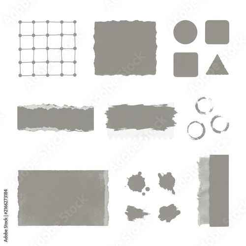 Set of abstract gray geometric shapes and doodle elements for design isolated on transparent background