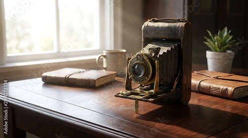 Vintage antique camera on wooden desk with books