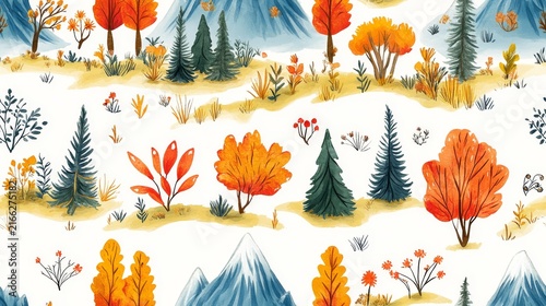 Against white background, warm orange-red autumn trees,dark green pine needles,light blue snow-capped mountains,and delicate herbaceous plants are distributed,creating soft,seamless watercolor pattern