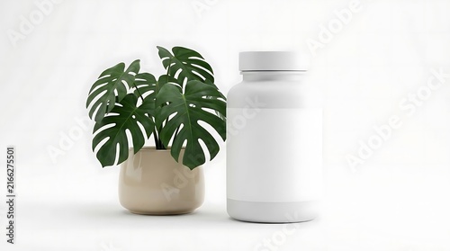 White supplement bottle and monstera plant on white background