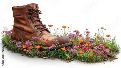 Worn leather boot in spring flowers