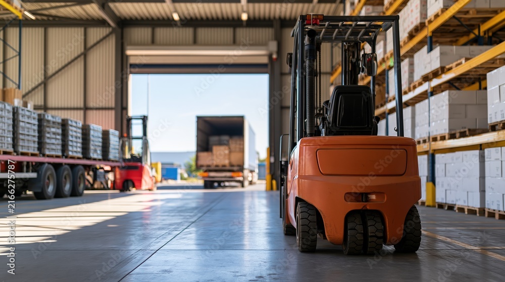 Naklejka premium Forklift operating inside a busy warehouse, loading and unloading cargo from trucks and shelves