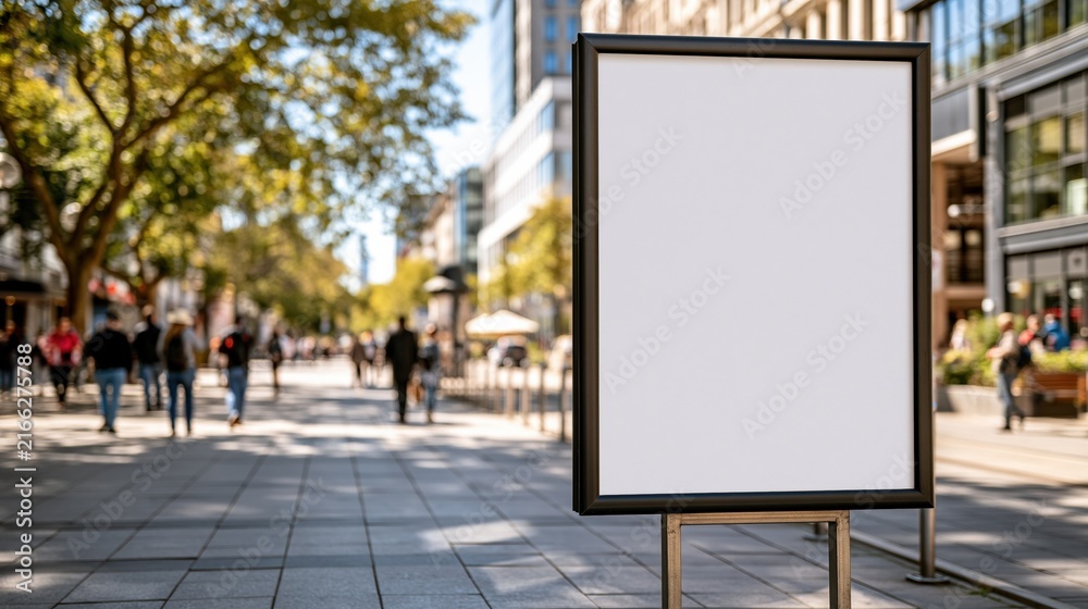 Fototapeta premium Blank Advertising Signboard on a Busy City Sidewalk with Pedestrians and Shops