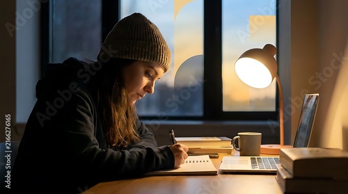 Woman in beanie writing in notebook under desk lamp.