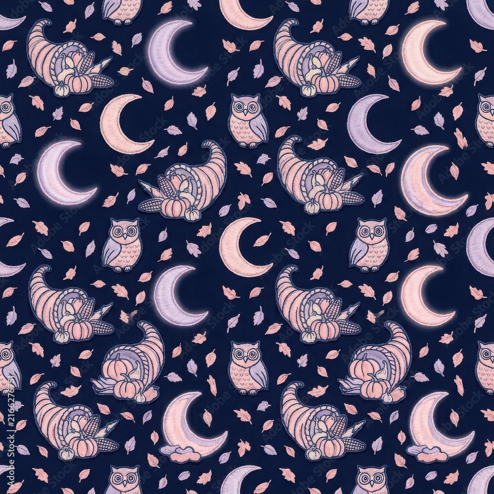 Naklejka premium Cozy autumn cornucopia pattern with wise owls and crescent moons in soft pink and purple for thanksgiving celebrations.