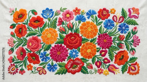 Vibrant Mexican floral embroidery design ,Hispanic Heritage Celebration Month, Latino Ctivalultural Festival, Cinco de Mayo, Día de los Muertos, Carnaval, Inti Raymi