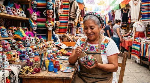 Vibrant Latina artist painting colorful skulls ,Hispanic Heritage Celebration Month, Latino Ctivalultural Festival, Cinco de Mayo, Día de los Muertos, Carnaval, Inti Raymi