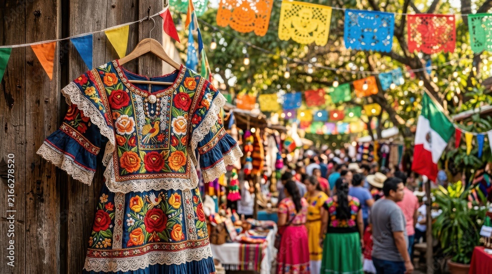 Naklejka premium Vibrant Mexican Fiesta Traditional Dress Display ,Hispanic Heritage Celebration Month, Latino Ctivalultural Festival, Cinco de Mayo, Día de los Muertos, Carnaval, Inti Raymi