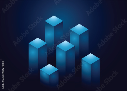 Bild auf Leinwand Isometric glowing 3d blue cubes and pillars representing data towers or technolo