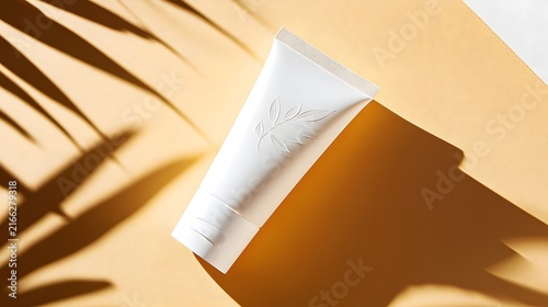 White Cosmetic Tube Mockup with Botanical Leaf Emboss on Sunlit Beige Background with Palm Shadows