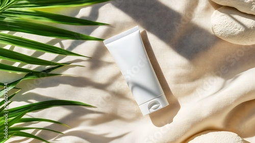 Blank White Cosmetic Tube Mockup with Tropical Palm Leaves and Natural Sunlight Shadows on Linen Textile Background