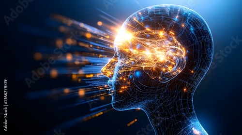 Digital Human Head Profile with Glowing Neural Network and Data Streams Representing Artificial Intelligence