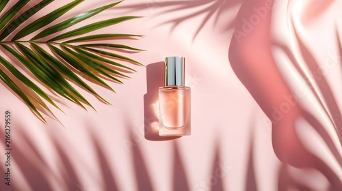 Elegant Perfume Bottle with Silver Cap on Pink Background with Palm Leaf Shadows