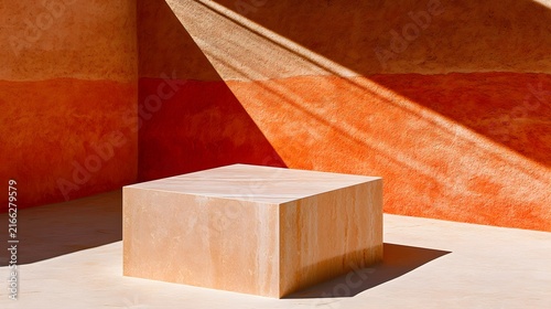 Minimalist Travertine Block Podium with Warm Sunlight and Shadow on Terracotta Wall Background