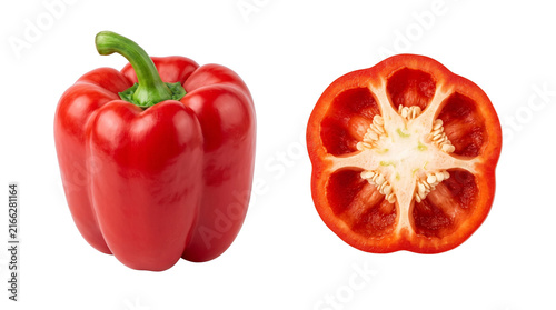 Fresh Whole and Sliced Red Bell Pepper Isolated PNG Transparent Background