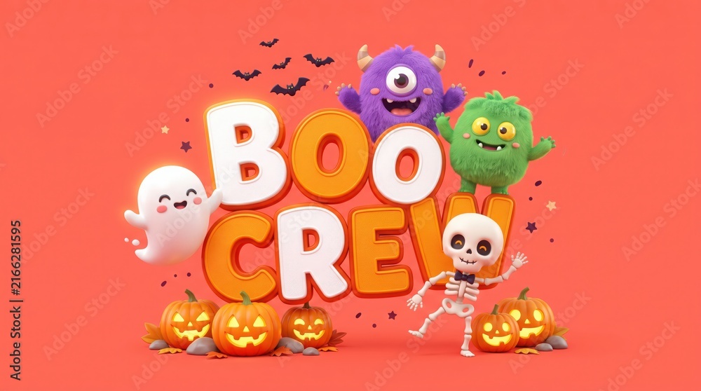 Naklejka premium Fun halloween monsters spelling boo cre with jack o lantern