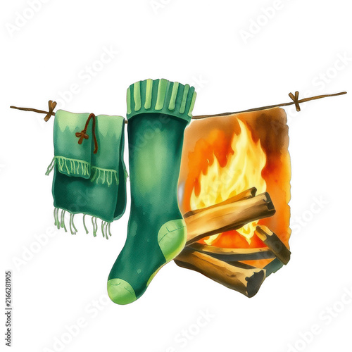 Cozy winter illustration with sock scarf and fireplace