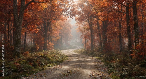 Scenic Autumn Forest Road with Golden Fall Colors
