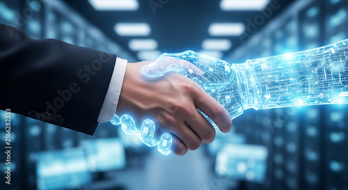 Digital Partnership Handshake Between Human and Glowing Cybernetic Hand in Server Room, Technology Collaboration Concept