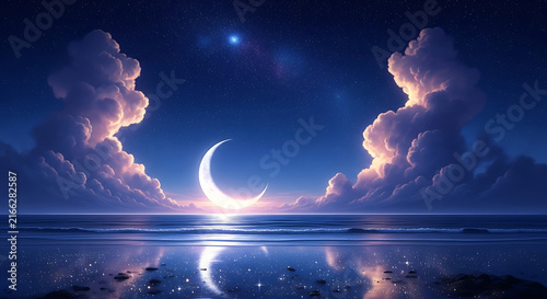 Dreamy Night Scene with a Crescent Moon Reflecting on a Calm Ocean Under a Starry Sky with Fluffy Pink Clouds