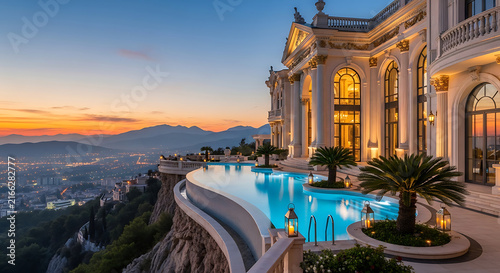 Luxurious Cliffside Villa with Stunning Infinity Pool Overlooking City and Mountain Sunset - Opulent Architectural Design at Dusk with Warm Lights