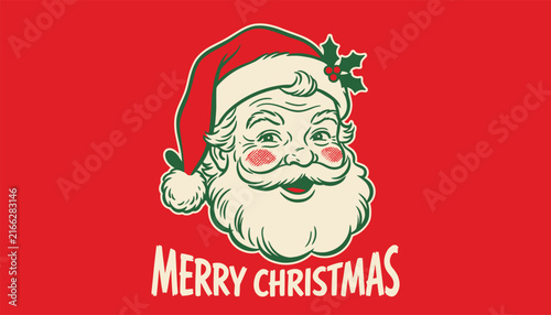 Canvastavla Vintage santa claus head illustration with merry christmas text on a red backgro