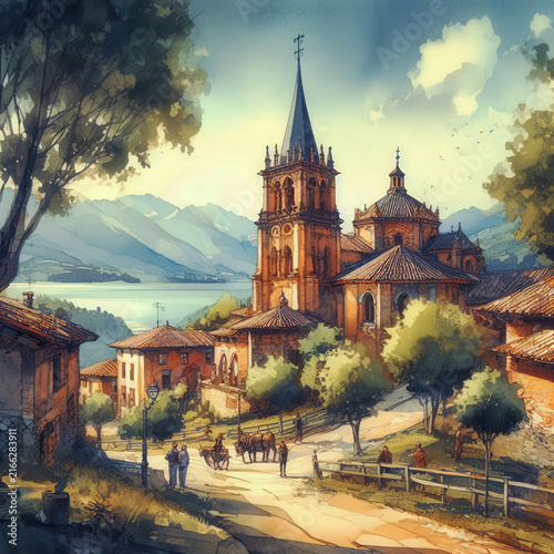 Watercolor illustration of a historic mountain village with a prominent church and spire overlooking a serene lake