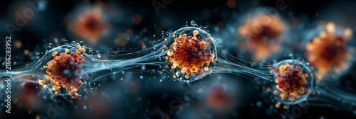 A photorealistic macro view of nano particles within a biological fluid, illustrating targeted drug delivery and pain treatment in a futuristic medical concept.