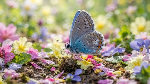 A vibrant blue butterfly rests delicately on a bed of colorful wildflowers amidst damp earth. The butterfly’s wings are a striking blue with orange markings, 