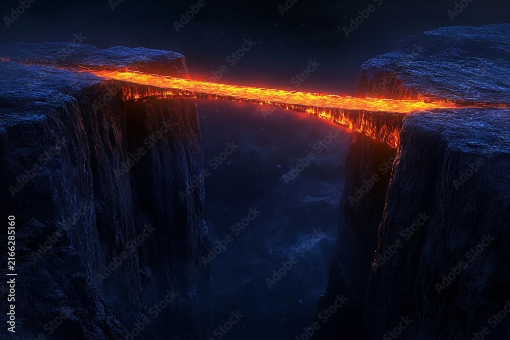 Fototapeta premium Glowing bridge illuminates dark chasm beneath starry sky at twilight near lush cliffs