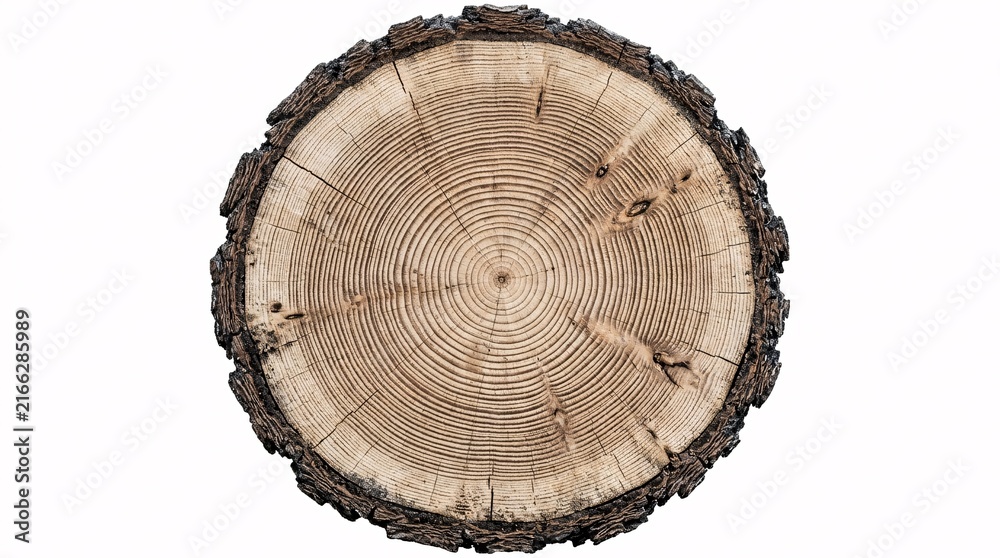 Naklejka premium Top view of a circular tree trunk slice showing detailed natural wood rings and bark.