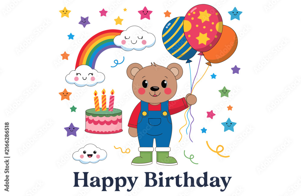 Fototapeta premium Cute Teddy Bear Happy Birthday Greeting Card with Rainbow and Cake Vector