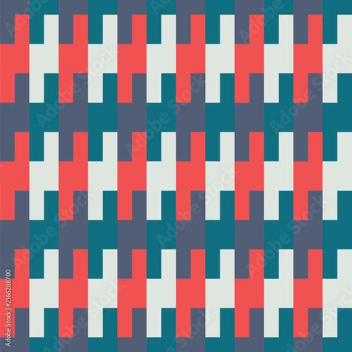 Seamless pattern created from pale grey, jade, pink-red and grey-blue rectangles