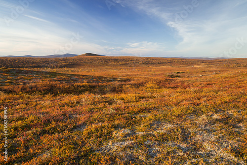 Sunset over an autumnal fjell landscape in northern Finland