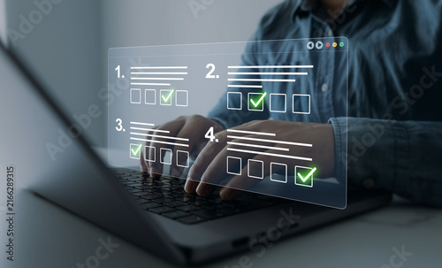 Obraz na plátně Futuristic online survey and exam interface with checkboxes, questionnaire forms and rating system