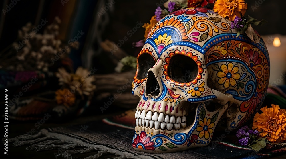 Fototapeta premium Vibrant Day of the Dead sugar skull decoration ,Hispanic Heritage Celebration Month, Latino Ctivalultural Festival, Cinco de Mayo, Día de los Muertos, Carnaval, Inti Raymi