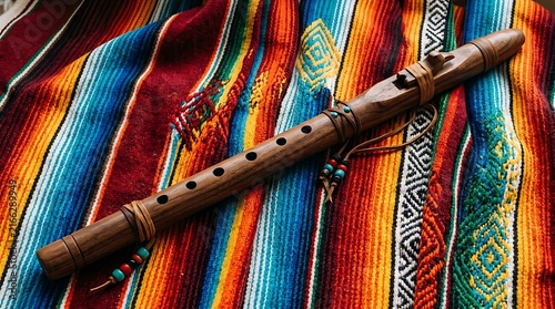 traditional mexican flute on colorful serape blanket ,Hispanic Heritage Celebration Month, Latino Ctivalultural Festival, Cinco de Mayo, Día de los Muertos, Carnaval, Inti Raymi