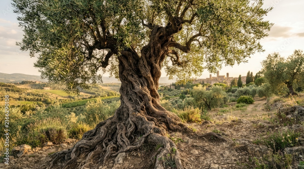Naklejka premium An ancient olive tree stands prominently in a Tuscan landscape. The gnarled trunk of the tree is thick and textured, with extensive roots spreading across 