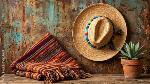 Vibrant Mexican textiles and sombrero on rustic wall ,Hispanic Heritage Celebration Month, Latino Ctivalultural Festival, Cinco de Mayo, Día de los Muertos, Carnaval, Inti Raymi
