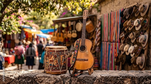 Vibrant Latin market scene with guitar and hat ,Hispanic Heritage Celebration Month, Latino Ctivalultural Festival, Cinco de Mayo, Día de los Muertos, Carnaval, Inti Raymi