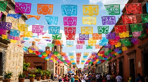 Vibrant Mexican street festival with colorful decorations ,Hispanic Heritage Celebration Month, Latino Ctivalultural Festival, Cinco de Mayo, Día de los Muertos, Carnaval, Inti Raymi