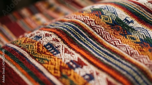 Vibrant Latin American textile with traditional patterns ,Hispanic Heritage Celebration Month, Latino Ctivalultural Festival, Cinco de Mayo, Día de los Muertos, Carnaval, Inti Raymi