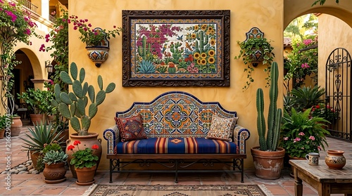 vibrant outdoor patio with colorful mexican decor ,Hispanic Heritage Celebration Month, Latino Ctivalultural Festival, Cinco de Mayo, Día de los Muertos, Carnaval, Inti Raymi