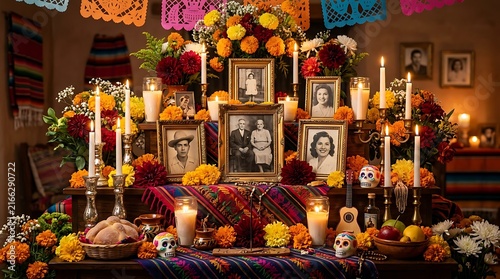 Vibrant Mexican altar for Day of Dead celebration ,Hispanic Heritage Celebration Month, Latino Ctivalultural Festival, Cinco de Mayo, Día de los Muertos, Carnaval, Inti Raymi