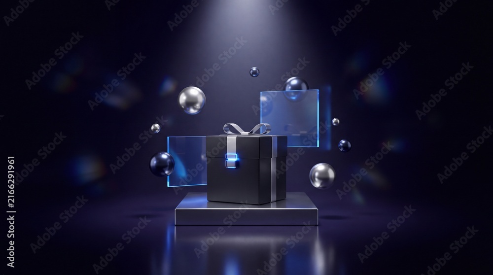 Naklejka premium Luxury black gift box with blue glow, elegant present on a dark stage, premium surprise for special occasions, sophisticated packaging design, stylish award or prize presentation.