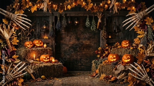 Halloween background stage featuring skeleton hands framing glowing pumpkins on hay bales with autumn leaves, dried herbs and lanterns on dark wooden wall.