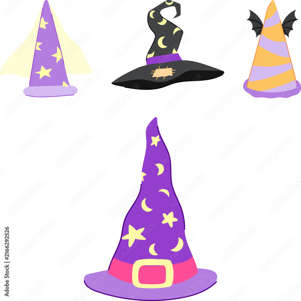 Fototapeta premium Stylized set of four whimsical wizard and witch hats with stars, moons, bats and bright colors, perfect for fantasy, halloween, costumes, parties and kids' designs